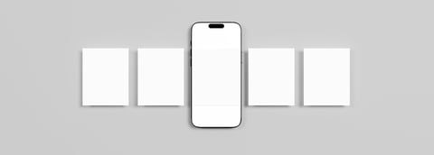 Smartphone centered between five blank social-post cards on a soft gray background
