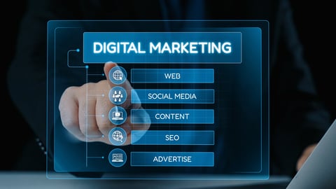 A hand interacting with a holographic display of digital marketing components including web, social media, content, and SEO