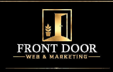 Front Door Web and Marketing logo featuring an open gold door with a plant, on black background