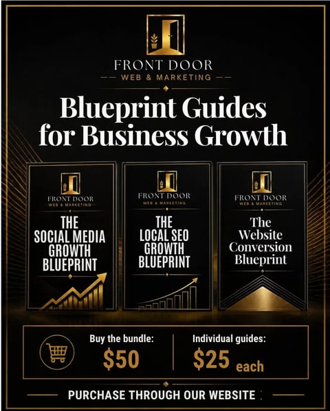 Front Door Web & Marketing Blueprint Guides for Business Growth promotional image showing three guides priced at $50 bundle or $25 each